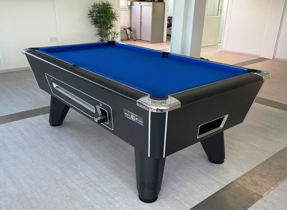 7ft Supreme Winner Mechanical Pool Table - Black Cabinet with Blue Cloth