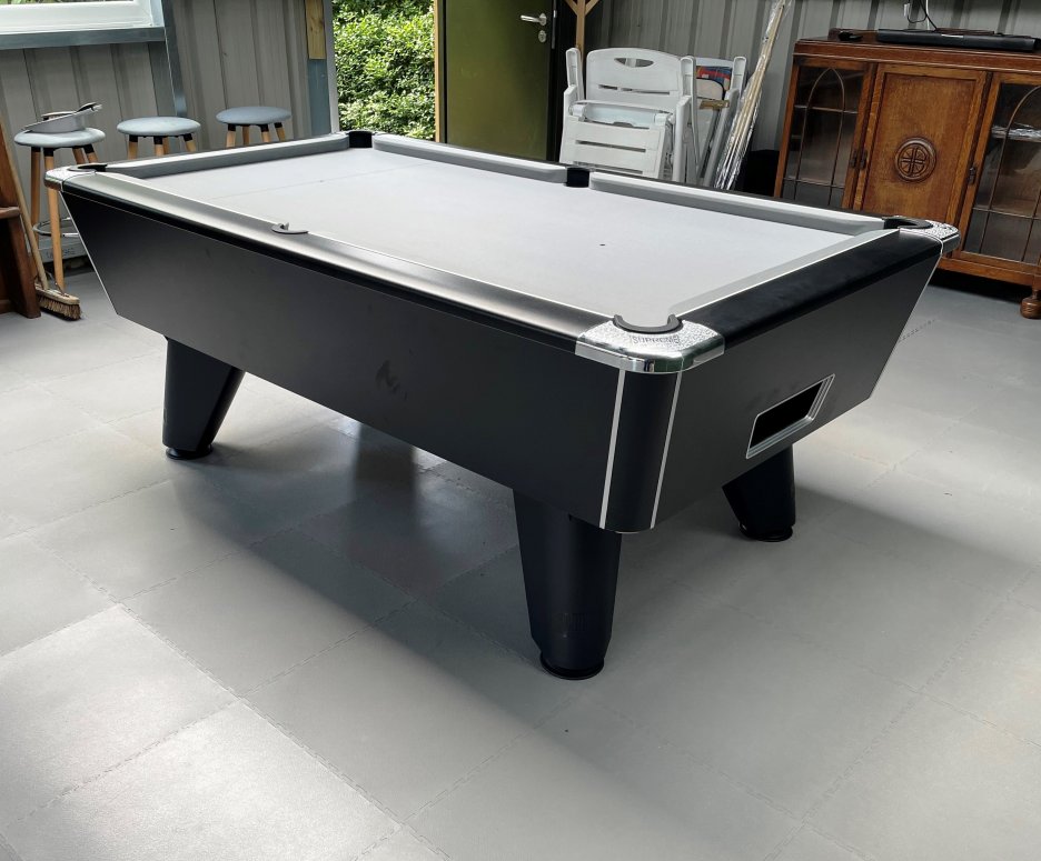 7ft Black Winner Table with Grey Wool Cloth