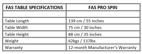 FAS Pro Spin Football Table Dimensions