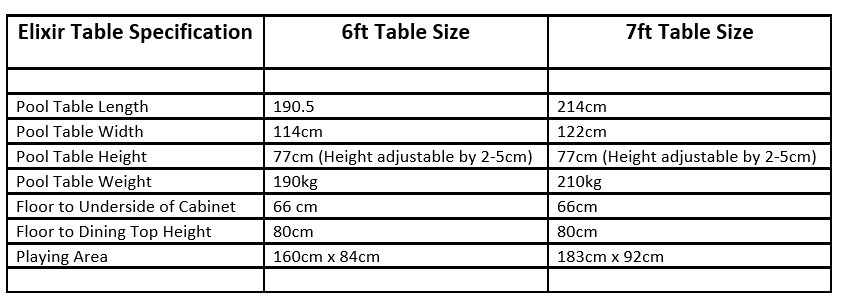 Elixir Pool Table Dimensions